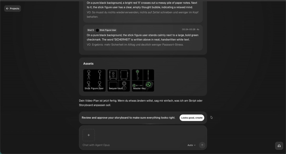 Agent-Opus-Storyboard mit Shot-Karten, den generierten Assets Stick Figure User, Secure Vault und Master Key sowie der Leiste „Review and approve your storyboard“ mit dem Knopf „Looks good, create“.