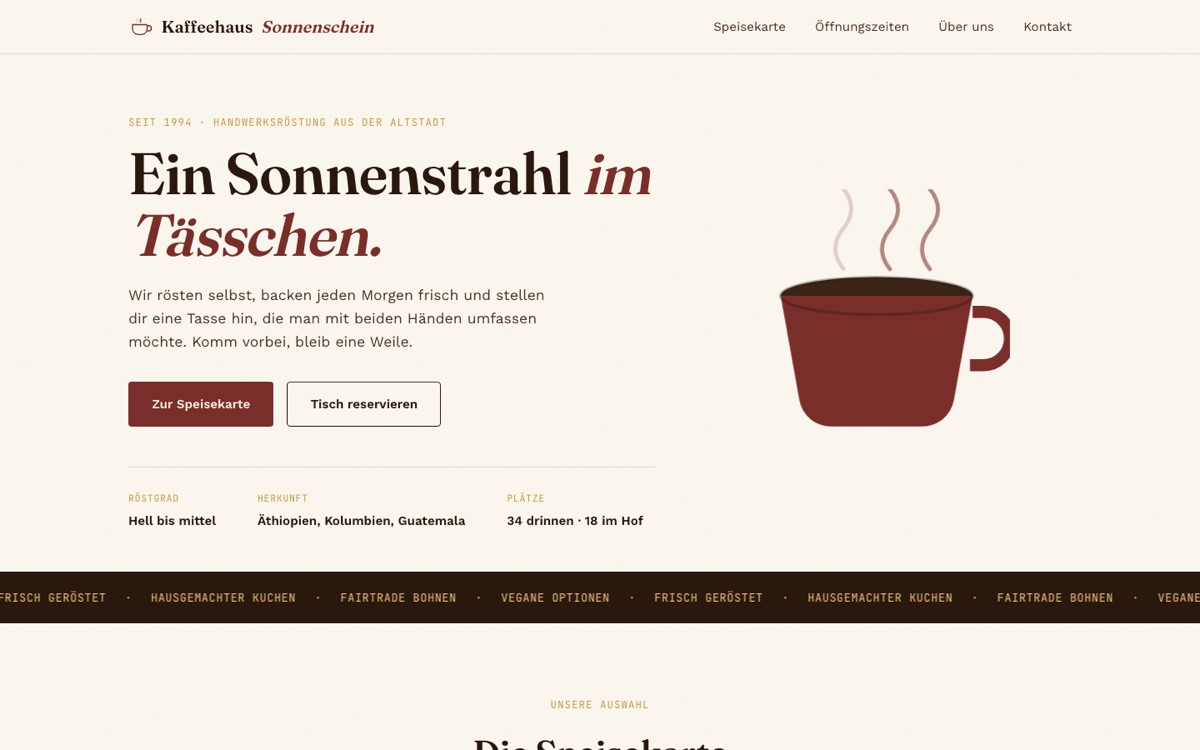 Fertige Café-Website „Kaffeehaus Sonnenschein“ mit Hero-Bereich und Navigation