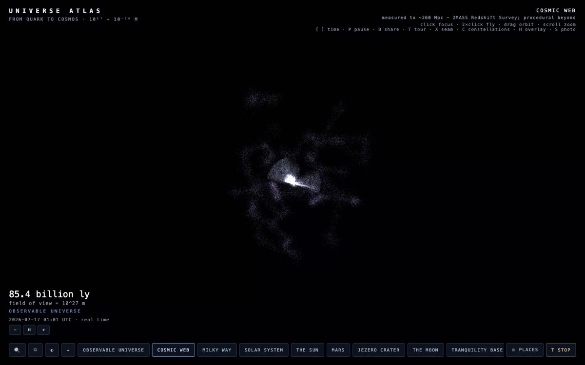 Screenshot von Universe Atlas: eine leuchtende Galaxie auf schwarzem Grund, mit der Maßstabsanzeige 85,4 Milliarden Lichtjahre und einer Navigationsleiste von der beobachtbaren Welt bis zum Sonnensystem.