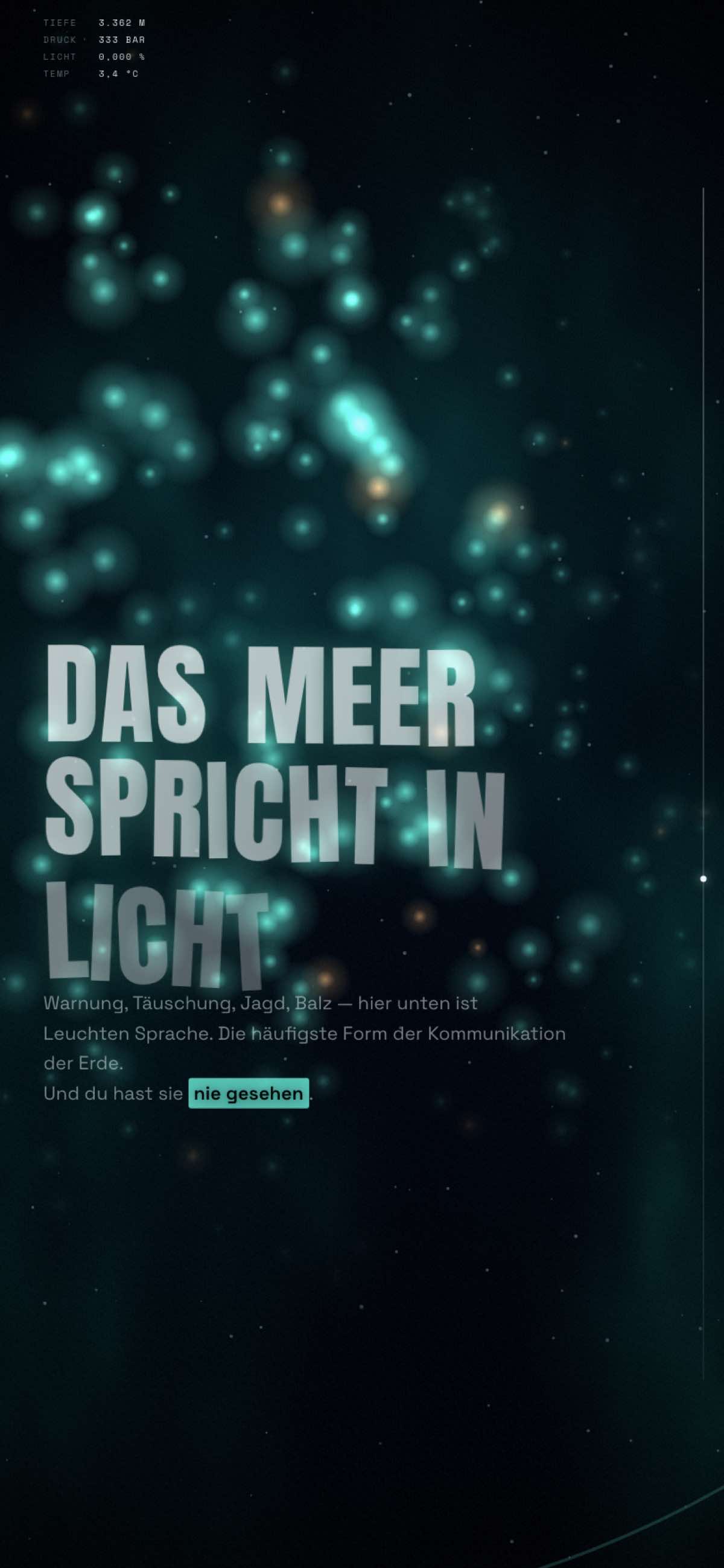 Biolumineszenz-Sturm-Sektion der von Fable 5 gebauten Website DER ABSTIEG
