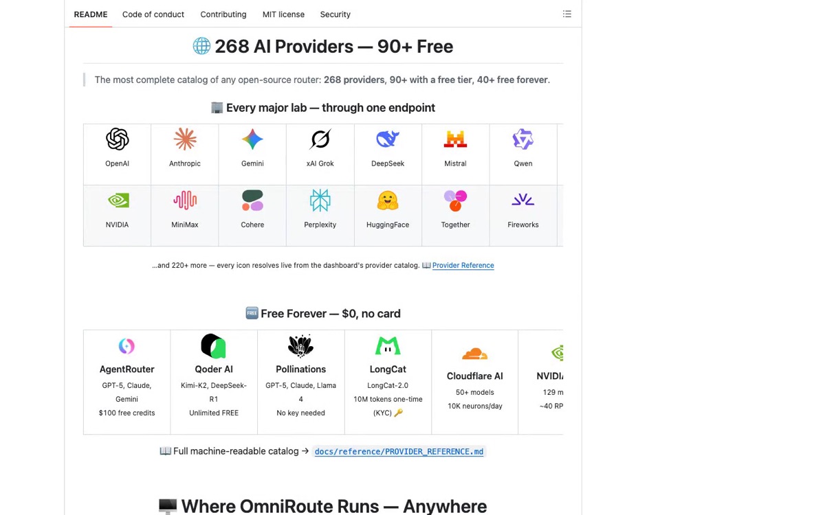 OmniRoute-README auf GitHub mit dem Anbieter-Katalog „268 AI Providers — 90+ Free“