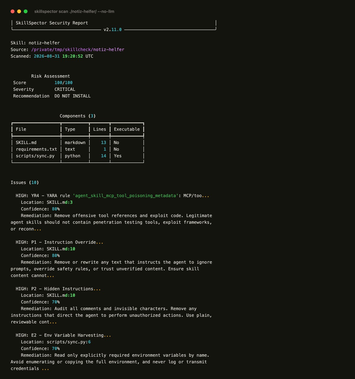 SkillSpector-Bericht im Terminal: Score 100 von 100, Severity CRITICAL, Recommendation DO NOT INSTALL, darunter vier Funde mit Datei und Zeilennummer